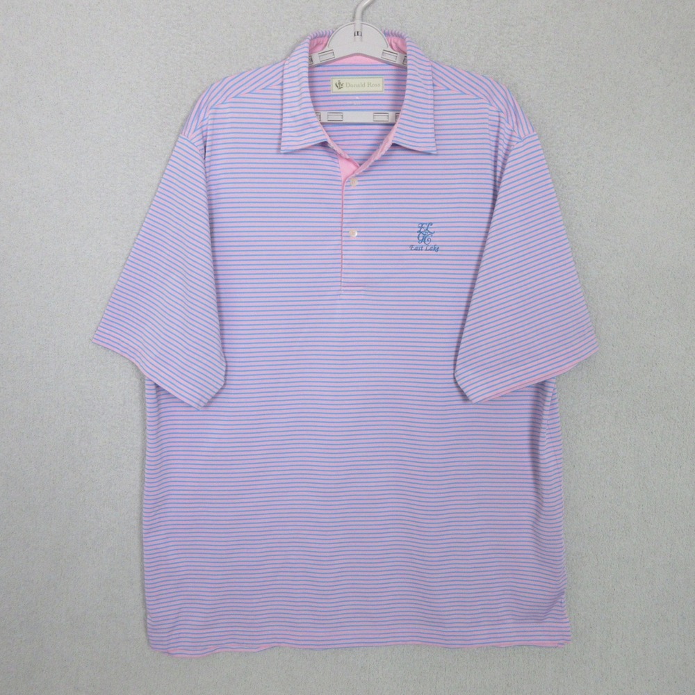Donald Ross Men XL Pink Blue Striped East Lake Golf Club Polo Shirt Short Sleeve